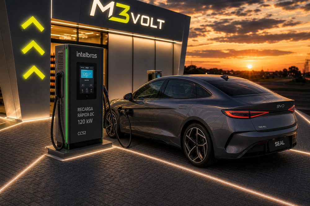 Carregador CCS2 120 kW — recarga de veículo elétrico no eletroposto M3VOLT em Pelotas/RS