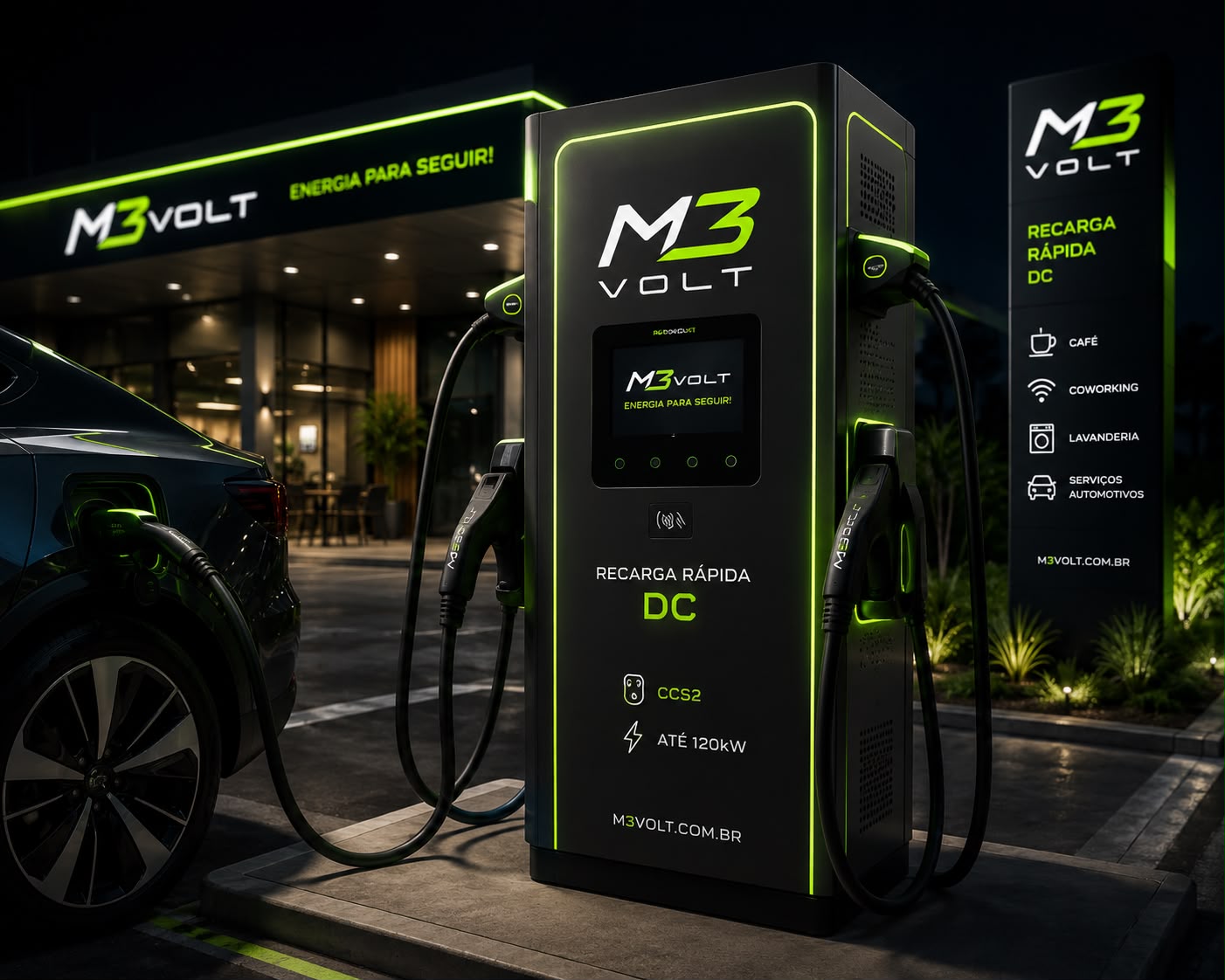 Renderização do eletroposto M3VOLT — carregador DC, totem de serviços e veículo conectado