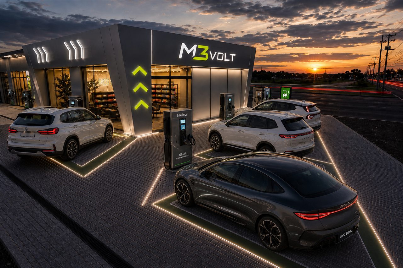 Fachada do hub M3VOLT — eletroposto de recarga rápida em Pelotas/RS