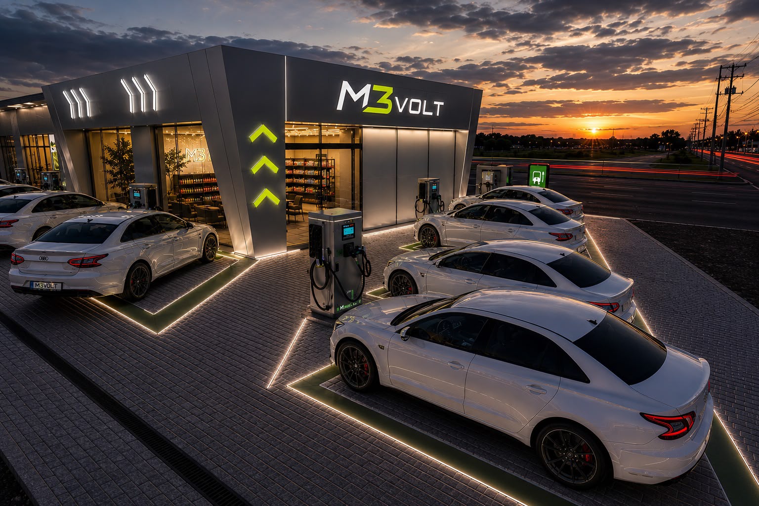 Fachada do hub M3VOLT com eletropostos de recarga rápida ao pôr do sol