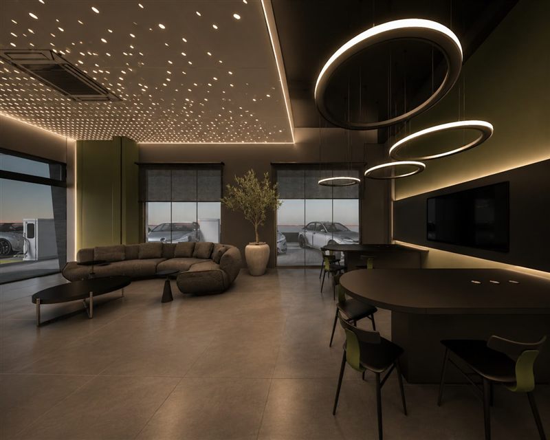 Lounge premium M3VOLT com vista para eletropostos de recarga rápida